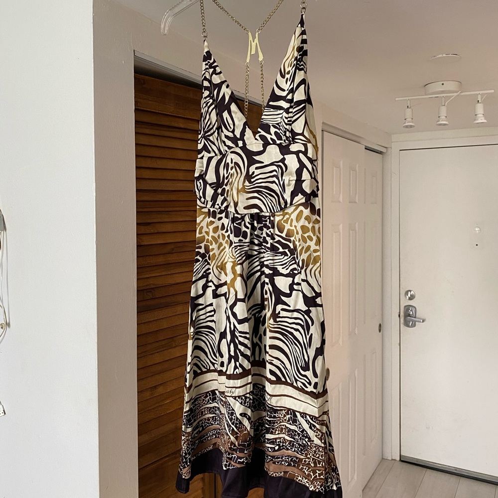 Satin Marciano dress with gold chain straps